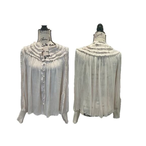 MNG MANGO BLOUSE RUFFLED SZ S LONG SLEEVE FLOWY ELASTIC CUFFS SOPHISTICATED Chic - Picture 5 of 16